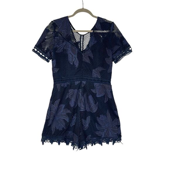 Adelyn Rae Navy Blue Lace Floral Shorts Romper | Size L - Picture 8 of 9
